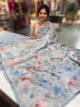 Bluish Grey Tissue georgette saree with allover jamdani inspired embroidery