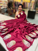 Maroon Pure Satin Saree with embroidered border and blouse