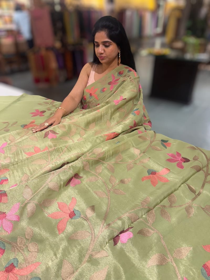 Apple Green Tissue georgette saree with embroidery