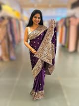 Brinjal Pure Mashru Satin Saree with embroidery