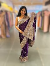 Brinjal Pure Mashru Satin Saree with embroidery