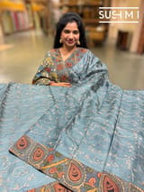 Dusty blue Silk kota and pen kalamkari fusion saree with pita emb