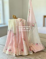 Ombre Dyed Floral Printed Pure Linen Saree