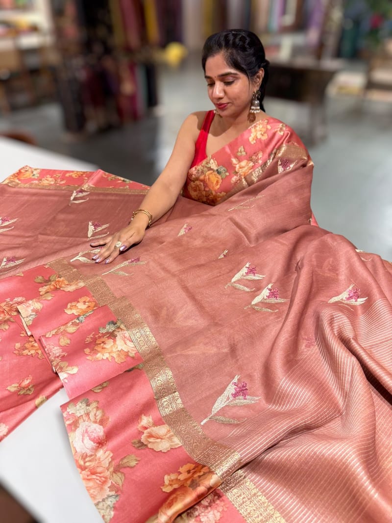 Dark Onion Pink Tussar Dhupion Saree with Floral printed mashru borders SS50462