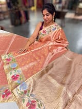 Coral Peach Kanchi Tissue Brocade Saree With jamdani inspired embroidery. SS50197