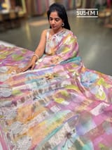 Dusty Pink Printed Organza Tissue stripes saree with embroidery