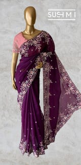 Violet  Pure Organza heavy handwork saree