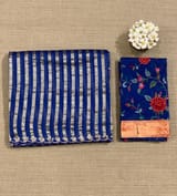 Electric Blue Mul tissue stripes saree with fusion blouse : D62139