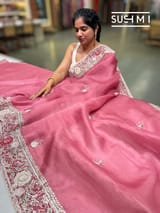 Brick Red Pure Organza Saree with heavy intricate Handwork DSCL044