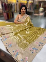 Lime Green Pure Handloom Tissue Saree with pure Tussar embroidered border SS50240