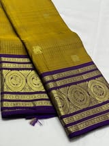 Mustard olive & Brinjal Combo Kanchipuram Vintage checks Saree SS50158