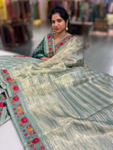 Sage Green Kora Tissue Stripes Saree with Sabhyasachi Style Embroidered Borders & Blouse