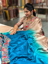 Chikoo–Copper Blue Ombre Satin Saree with Petite Point Border SS5024