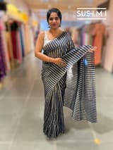 Midnight blue Mul tissue stripes saree with fusion blouse : D62134