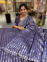 Purplish Blue Handloom Mul Tissue Stripes Saree with fusion blouse SS50408