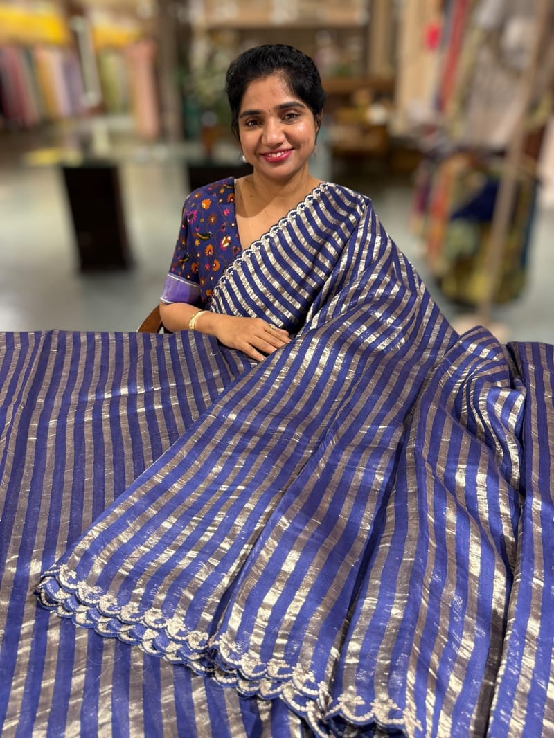 Purplish Blue Handloom Mul Tissue Stripes Saree with fusion blouse SS50408