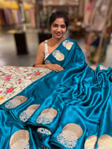 Teal Blue Pure Satin Saree with embroidered border and blouse