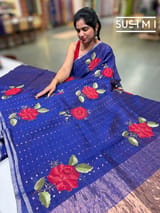 Purplish Blue muslin tissue stripes saree with hibuscus emb