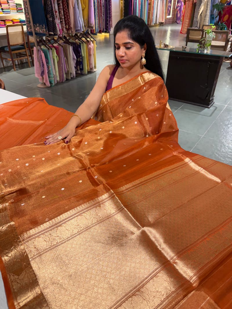 Rust Orange Banarasi handloom tissue saree