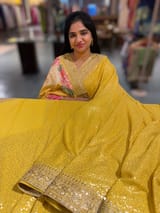 Yellow Georgette Sequence saree with sabhyasachi borders and printed blouse SS50512