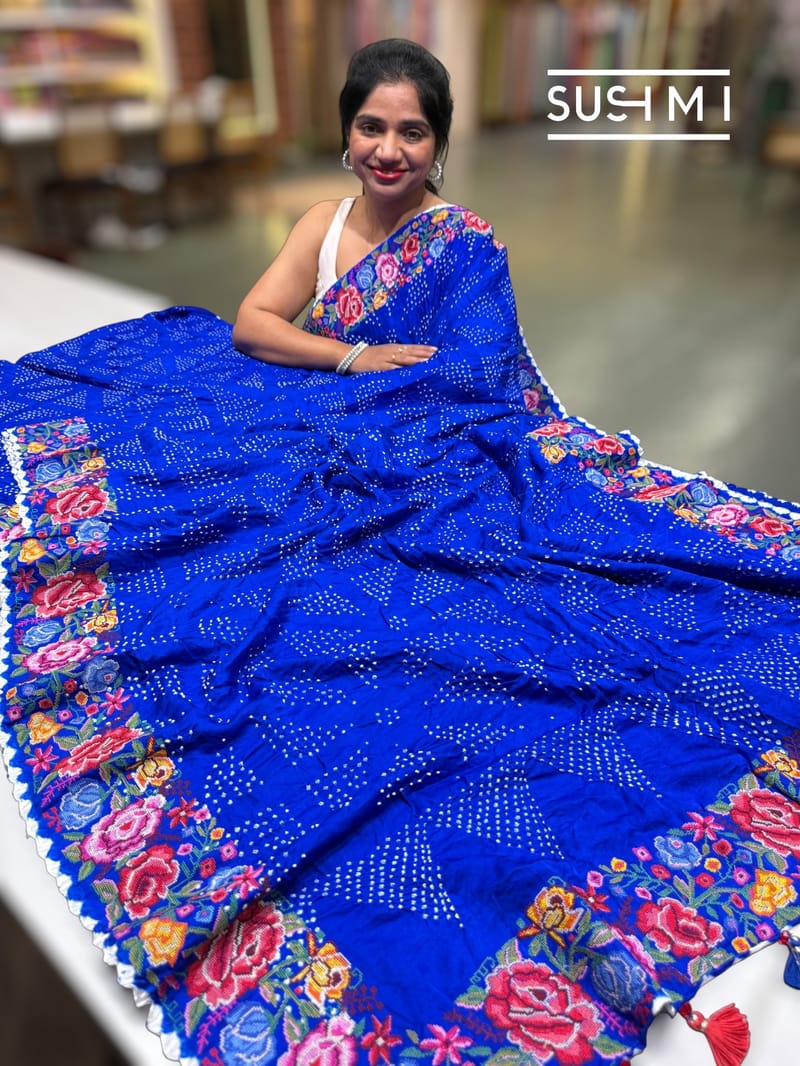 Electric Blue Pure Gajji Silk Rai bandhej Saree with petite point embroidery