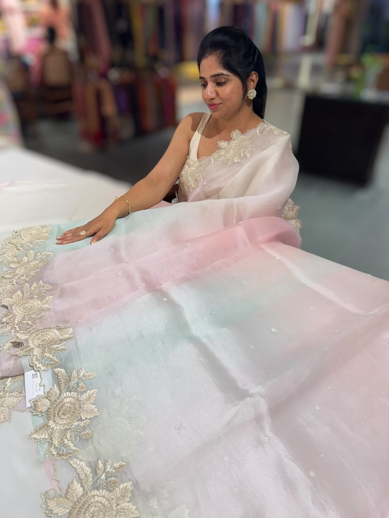 Ombre dyed Pure Organza Saree with parsi gara embroidery SS50280