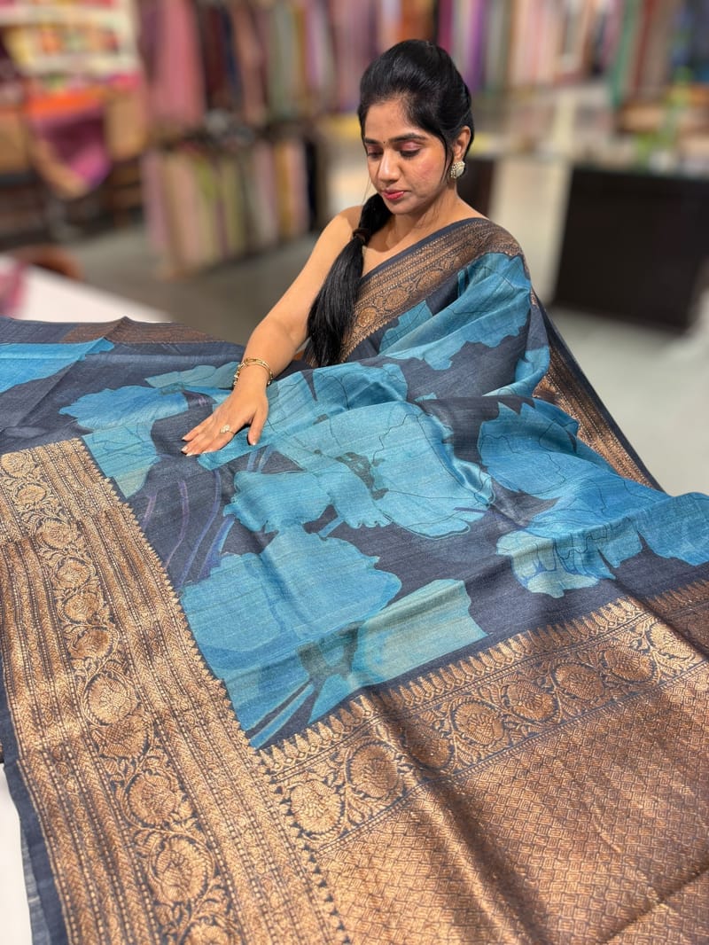 Elephant Grey Printed Banarasi Tussar Saree SS50452