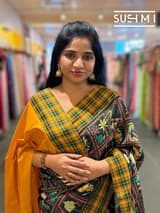 Black printed soft silk saree with burberry checks border : D62F033