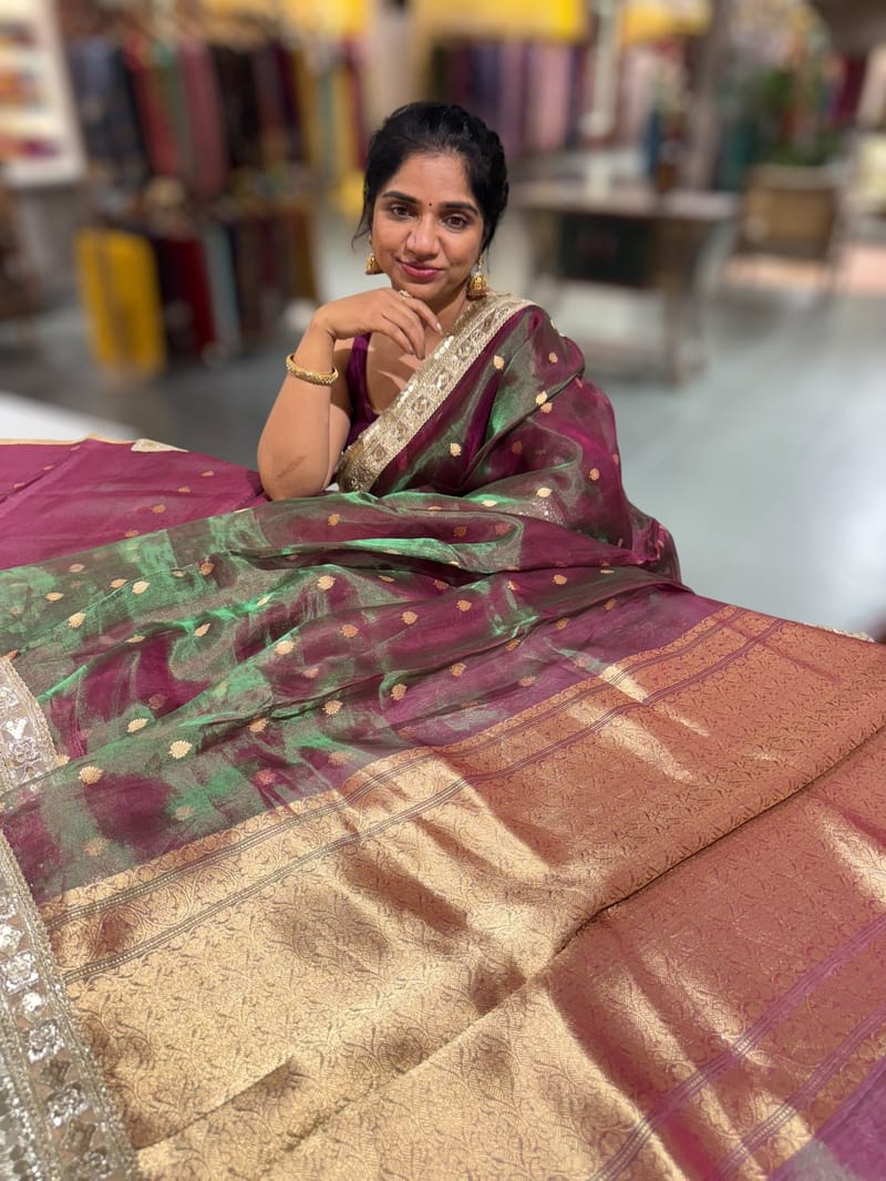 Green & Wine Dual tone Pure handloom Banarasi Tissue saree SS50430