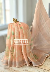 Peach Floral printed pure lenin saree