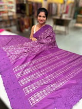 Brinjal Cambodian–inspired Ikkat Silk Saree with cutwork Rose Border SS50347