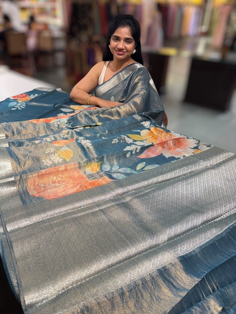 Peacock Blue Printed Banarasi Cotton Tissue SS50560
