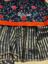 Midnight blue Mul tissue stripes saree with fusion blouse : D62134