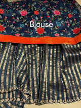 Midnight blue Mul tissue stripes saree with fusion blouse : D62134