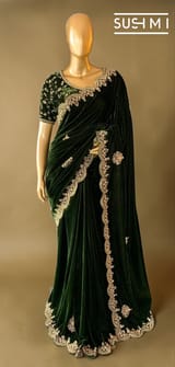 Bottle Green Micro Velvet Saree with heavy handwork