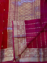 Red with pink Combo Pure Handloom premium Kora Banarasi Saree