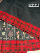 Black printed soft silk saree with burberry checks border : D62F035