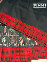Black printed soft silk saree with burberry checks border : D62F035