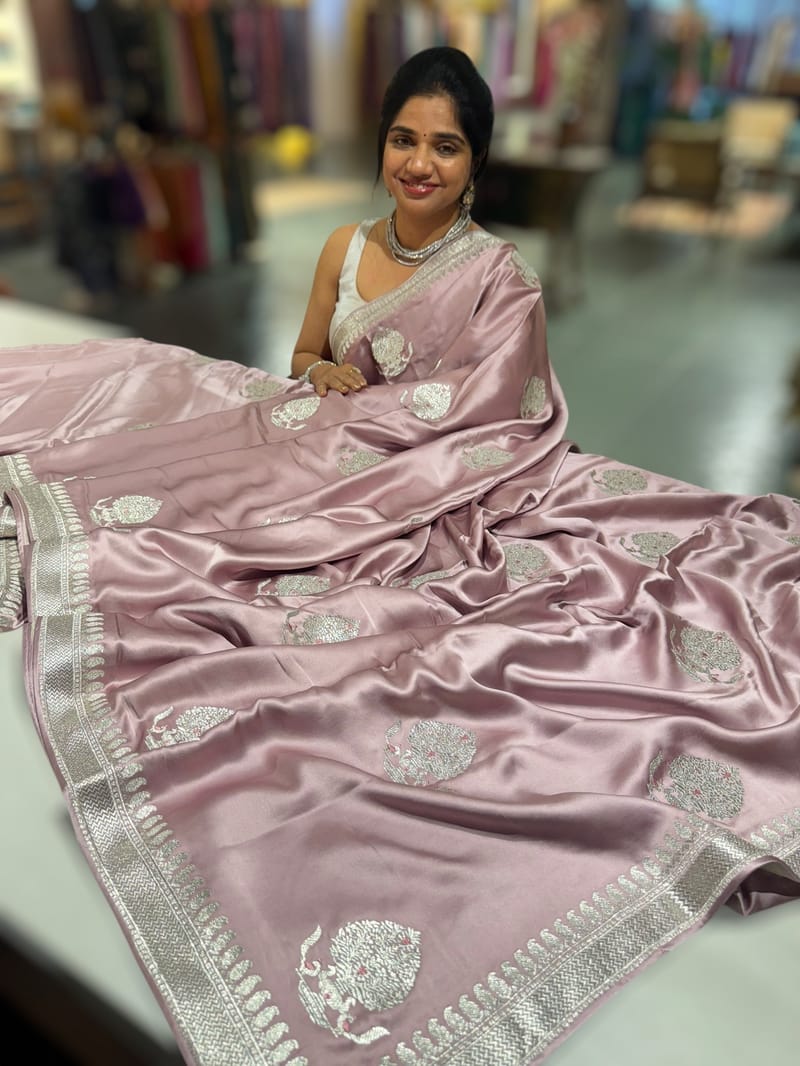 Dusty Pink Pure Satin Saree with Embroidery. SS5029