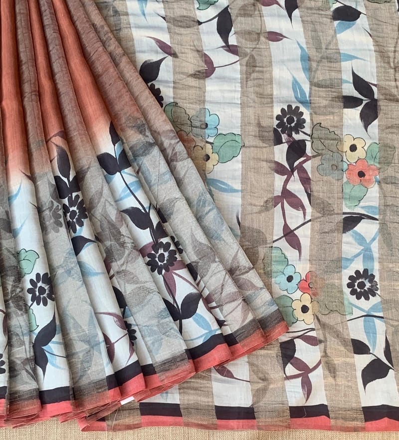 Mul silk tissue stripes handloom saree with handpainting