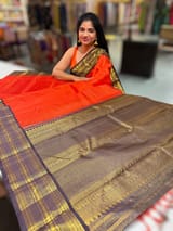 Orange & Dark Brown Combo Vaira Oosi Stripes Vintage Kanjeevaram Saree SS50165