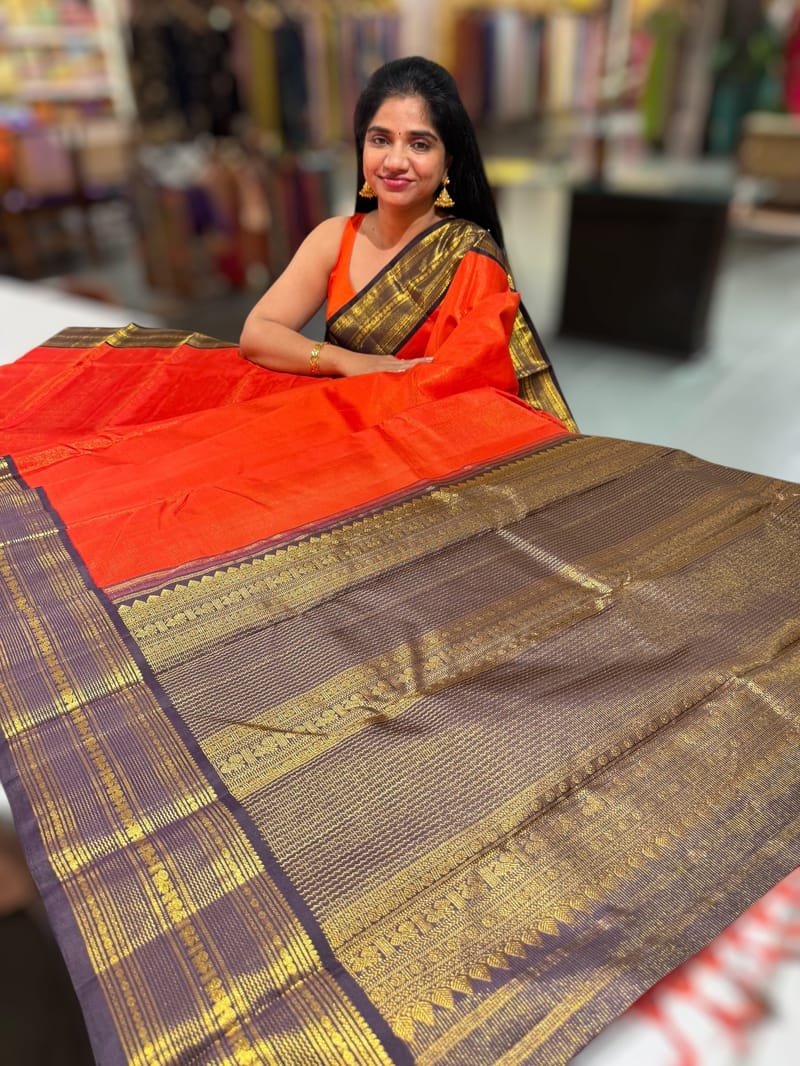 Orange & Dark Brown Combo Vaira Oosi Stripes Vintage Kanjeevaram Saree SS50165