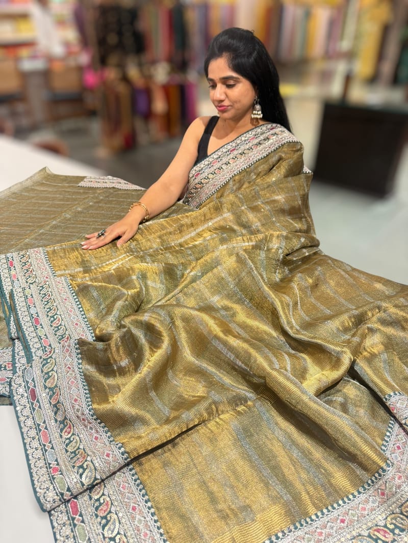 Forest Green Antique Gold base Tissue checks Saree with sabhyasachi borders SS50411