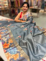 Elephant Grey Tussar Dhupion Saree with Floral printed mashru borders SS50463