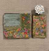 Light Olive Tissue Stripes Saree with petite point Embroidered tissue border and blouse SS50422