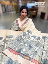 Ivory Tussar pen kalamkari printed saree