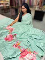 Sea Green Designer Chinnon & Satin Fusion Saree SS5033