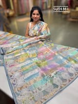 Powder Blue Printed Organza Tissue stripes saree with embroidery