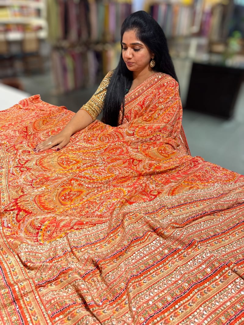 Orange Designer Printed Crepe Silk Saree