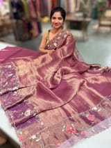 Wine Pure Tissue Saree with embroidered border